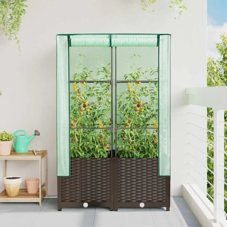 Hochbeet mit Gewächshaus-Aufsatz, Rattan-Optik braun, 80x40x138 cm, Stabiler Pflanzenkübel für Garten, Balkon, Terrasse, Robustes Frühbeet mit Eisenrahmen, für Gemüse und Blumen – Bild 3