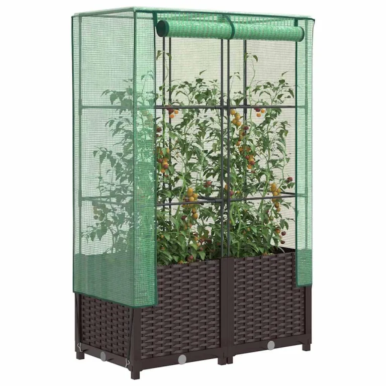 Hochbeet mit Gewächshaus-Aufsatz, Rattan-Optik braun, 80x40x138 cm, Stabiler Pflanzenkübel für Garten, Balkon, Terrasse, Robustes Frühbeet mit Eisenrahmen, für Gemüse und Blumen – Bild 1