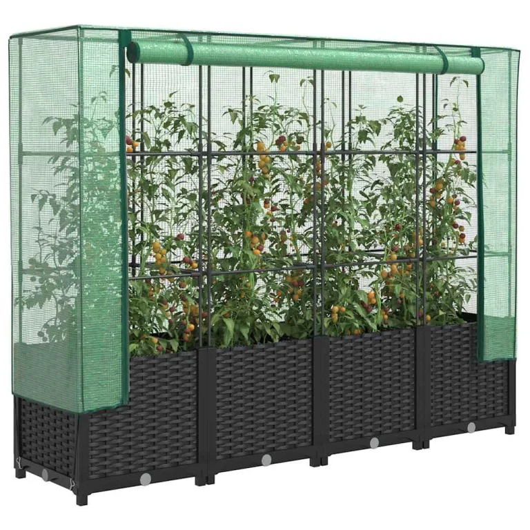 Hochbeet mit Gewächshausabdeckung, Rattanoptik, 160x40x138 cm, Stabiler Eisenrahmen, für Gemüse, Kräuter und Blumen im Garten – Bild 1