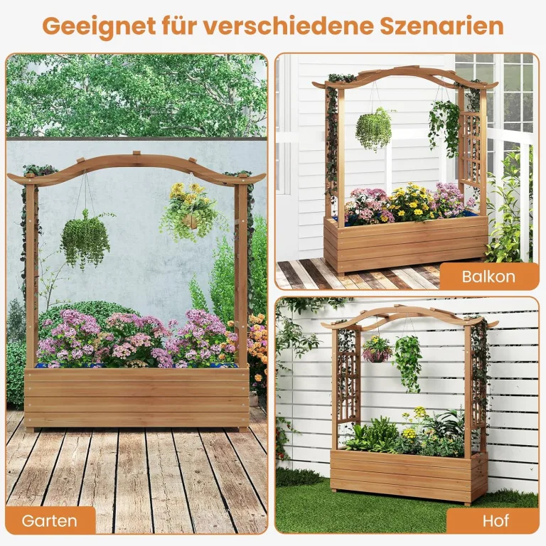 GOPLUS Hochbeet mit Rankgitter & Dekorbogen, Blumenkasten aus Holz mit Rankhilfe, Gartenbett für Blumen, Gemüse, Kräuter, Kletterpflanzen & hängende Körbe, Pflanzkasten für Garten, Hof & Balkon – Bild 4