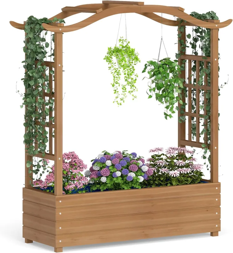GOPLUS Hochbeet mit Rankgitter & Dekorbogen, Blumenkasten aus Holz mit Rankhilfe, Gartenbett für Blumen, Gemüse, Kräuter, Kletterpflanzen & hängende Körbe, Pflanzkasten für Garten, Hof & Balkon – Bild 1