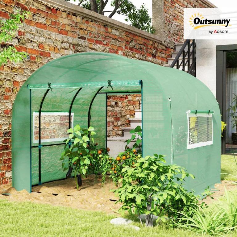 Outsunny Tunnel-Gewächshaus für den Garten, 3 x 3 x 2 m, mit aufrollbaren Türen und Fenstern, Gewächshaus für Gemüsegarten mit Struktur aus Stahl und PE-Abdeckung, für Gemüse, Blumen, Obst, UV-Schutz – Bild 2