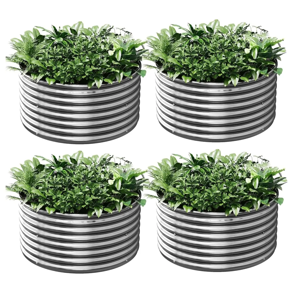 Pflanzkübel 4er-Set 60 x 60 cm rundes verzinktes Hochbeet für den Außenbereich, Metall-Hochbeet für Gemüse, Stahl-Hochbeete für den Garten, oberirdisches Gartenbeet für Blumen
