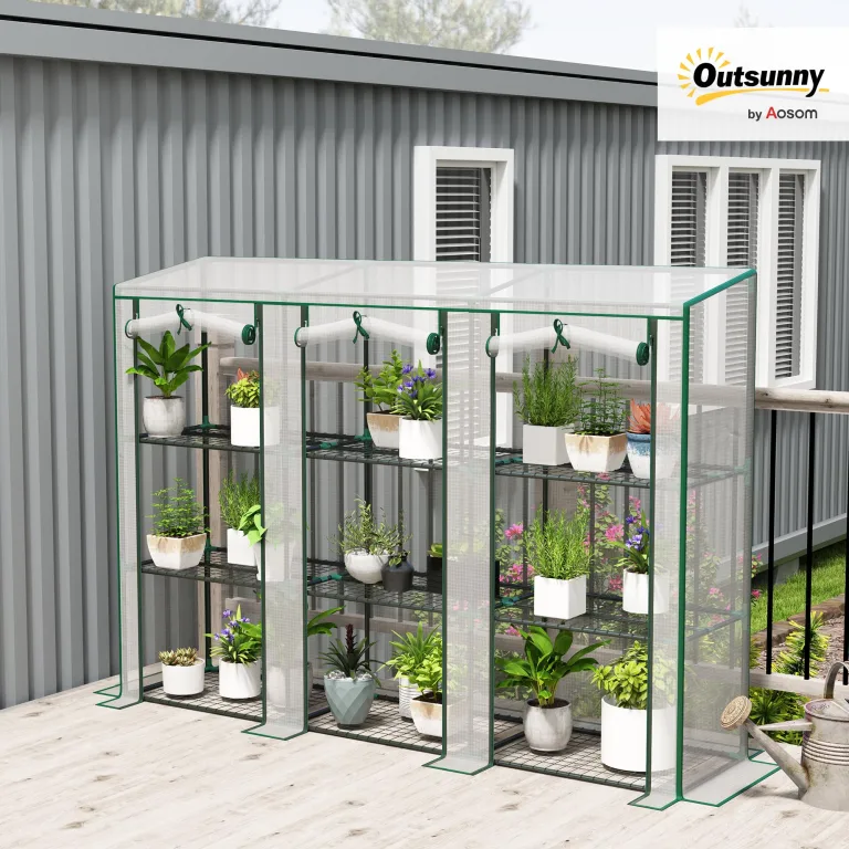 Outsunny PVC-Gewächshaus mit 3 Regalböden, Balkongewächshaus, Stahlrahmen, 2 Rolltüren mit Reißverschluss, für Gemüse, Pflanzen, Blumen, 215 x 46 x 151 cm, weiß – Bild 2