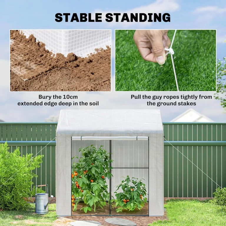 Outsunny begehbares Gewächshaus, Tomatengewächshaus für den Außenbereich, Gewächshaus für den Garten, Anzuchtgewächshaus mit Rolltür und Netzfenstern, PE-Abdeckung, 200 x 140 x 200 cm, weiß – Bild 6