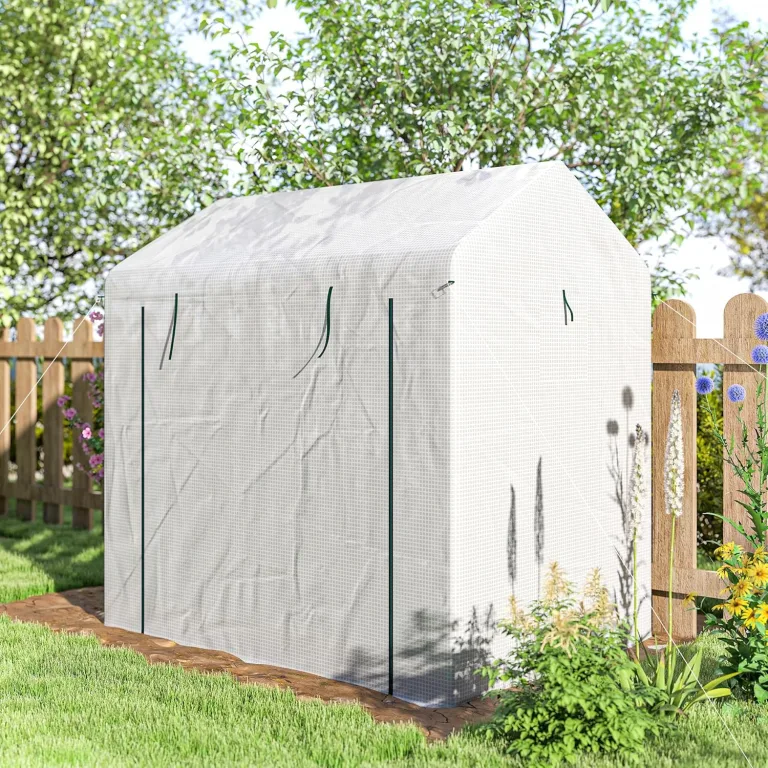 Outsunny begehbares Gewächshaus, Tomatengewächshaus für den Außenbereich, Gewächshaus für den Garten, Anzuchtgewächshaus mit Rolltür und Netzfenstern, PE-Abdeckung, 200 x 140 x 200 cm, weiß – Bild 8