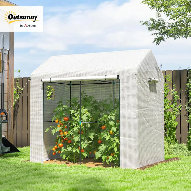 Outsunny begehbares Gewächshaus, Tomatengewächshaus für den Außenbereich, Gewächshaus für den Garten, Anzuchtgewächshaus mit Rolltür und Netzfenstern, PE-Abdeckung, 200 x 140 x 200 cm, weiß – Bild 2