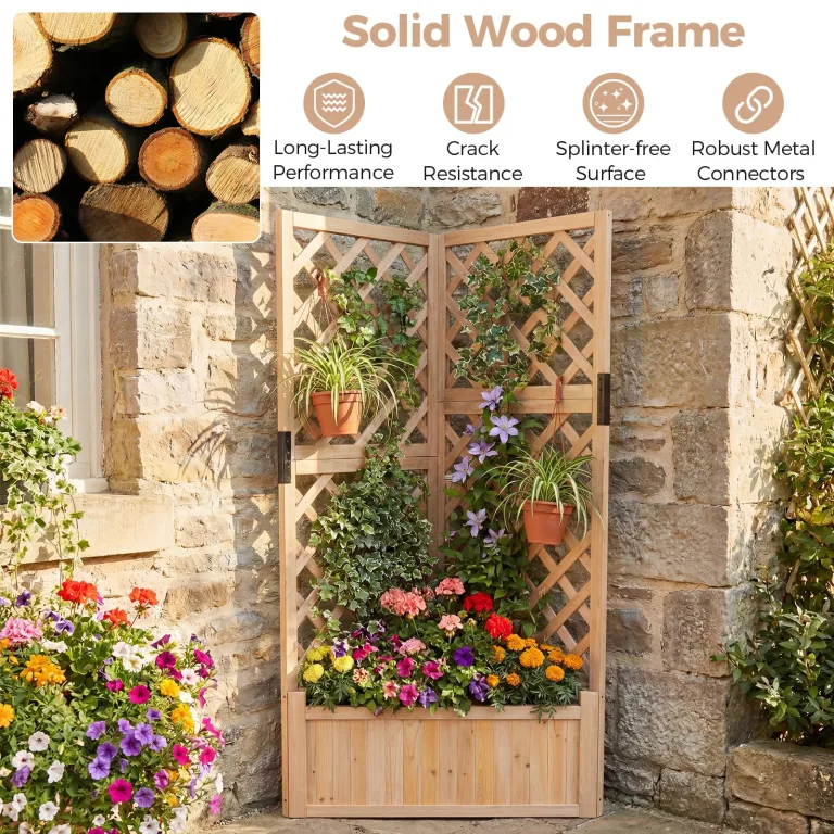 HOMASIS Blumenkasten mit Rankgitter, 140cm Hochbeet Holz, Eck Pflanzkasten mit Spalier & Drainageloch, Gartenspalier für Kletterpflanzen, Pflanzkübel mit Rankhilfe für Balkon Garten Terrasse (Natur) – Bild 6