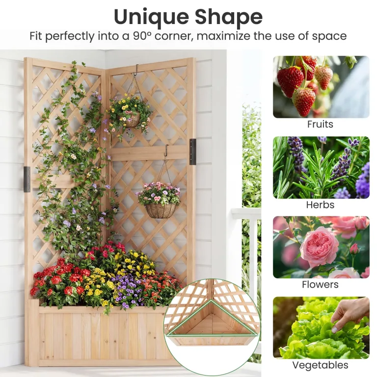 HOMASIS Blumenkasten mit Rankgitter, 140cm Hochbeet Holz, Eck Pflanzkasten mit Spalier & Drainageloch, Gartenspalier für Kletterpflanzen, Pflanzkübel mit Rankhilfe für Balkon Garten Terrasse (Natur) – Bild 7