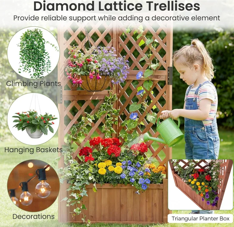 HOMASIS Blumenkasten mit Rankgitter, 140cm Hochbeet Holz, Eck Pflanzkasten mit Spalier & Drainageloch, Gartenspalier für Kletterpflanzen, Pflanzkübel mit Rankhilfe für Balkon Garten Terrasse (Braun) – Bild 7