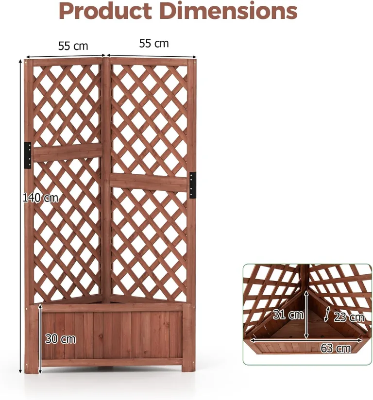 HOMASIS Blumenkasten mit Rankgitter, 140cm Hochbeet Holz, Eck Pflanzkasten mit Spalier & Drainageloch, Gartenspalier für Kletterpflanzen, Pflanzkübel mit Rankhilfe für Balkon Garten Terrasse (Braun) – Bild 6
