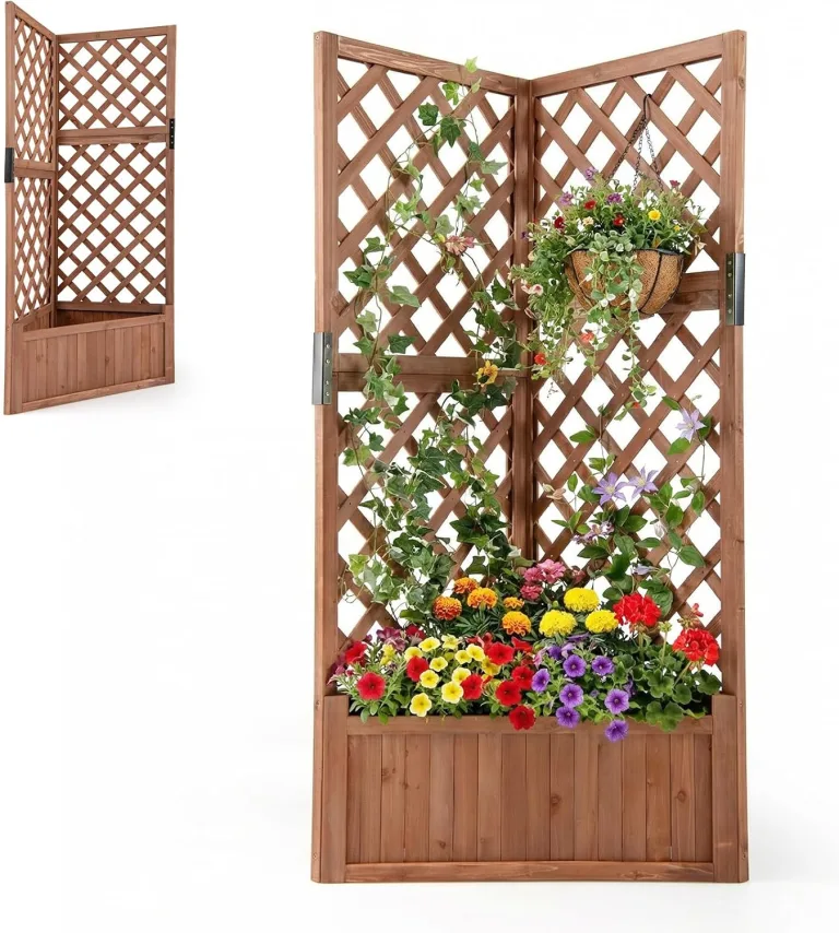HOMASIS Blumenkasten mit Rankgitter, 140cm Hochbeet Holz, Eck Pflanzkasten mit Spalier & Drainageloch, Gartenspalier für Kletterpflanzen, Pflanzkübel mit Rankhilfe für Balkon Garten Terrasse (Braun) – Bild 1