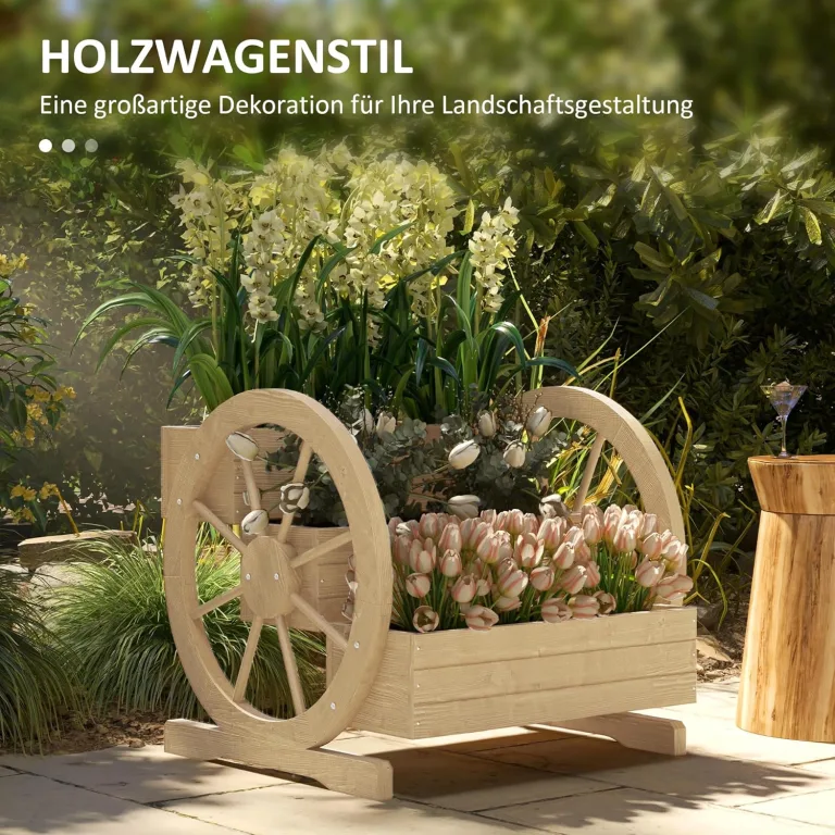 Outsunny Hochbeet aus Holz, Blumenkasten mit 3 Etagen, Gemüsebeet mit Wagenrad-Dekor, Kräuterbeet mit Entwässerungslöchern für Garten, Balkon, Naturholz, 61 x 62 x 57 cm – Bild 4