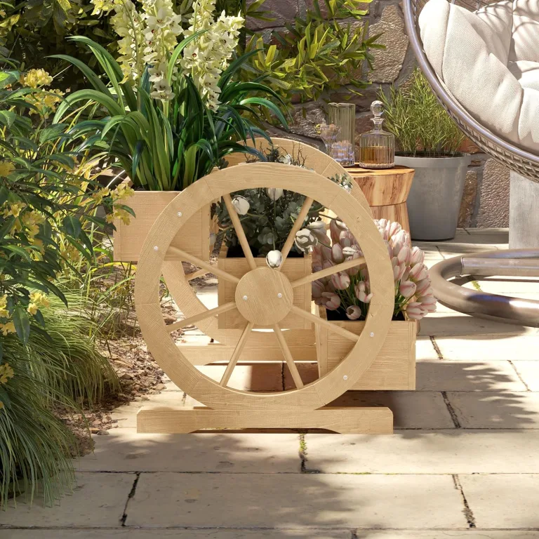 Outsunny Hochbeet aus Holz, Blumenkasten mit 3 Etagen, Gemüsebeet mit Wagenrad-Dekor, Kräuterbeet mit Entwässerungslöchern für Garten, Balkon, Naturholz, 61 x 62 x 57 cm – Bild 7