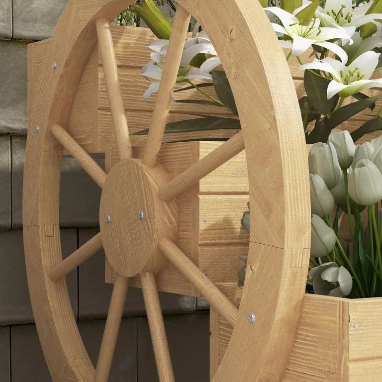 Outsunny Hochbeet aus Holz, Blumenkasten mit 3 Etagen, Gemüsebeet mit Wagenrad-Dekor, Kräuterbeet mit Entwässerungslöchern für Garten, Balkon, Naturholz, 61 x 62 x 57 cm – Bild 9