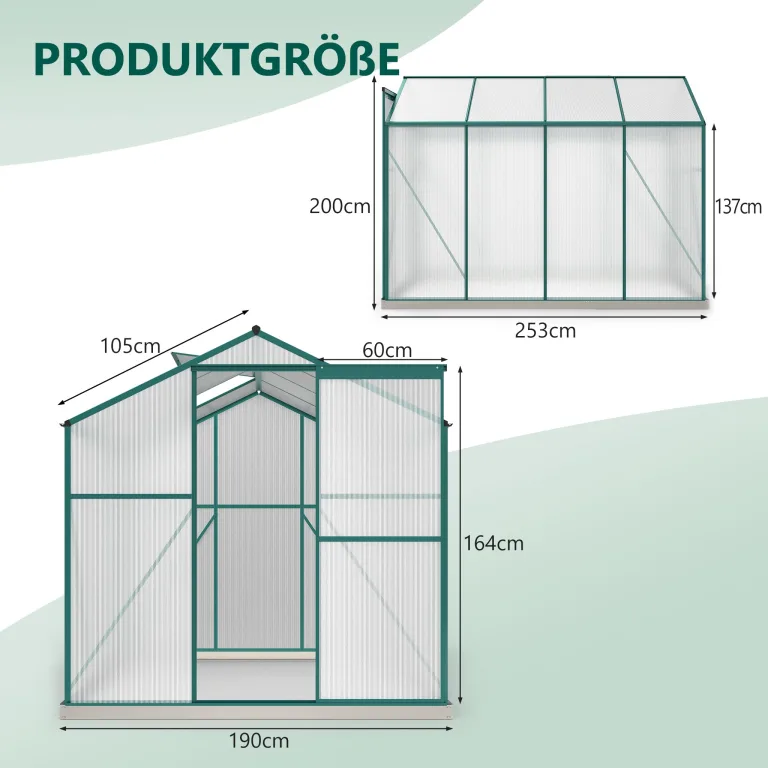 Gewächshaus Aluminium mit Fundament, 4,75 m² - 190 × 253cm, Gartengewächshäuser mit Dachfenster & Schiebetür für Gemüse & Toma, Gewächshaus Groß mit UV-beständigen Polycarbonatplatten – Bild 2