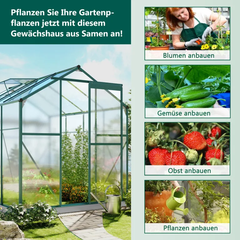 Gewächshaus Aluminium mit Fundament, 4,75 m² - 190 × 253cm, Gartengewächshäuser mit Dachfenster & Schiebetür für Gemüse & Toma, Gewächshaus Groß mit UV-beständigen Polycarbonatplatten – Bild 3
