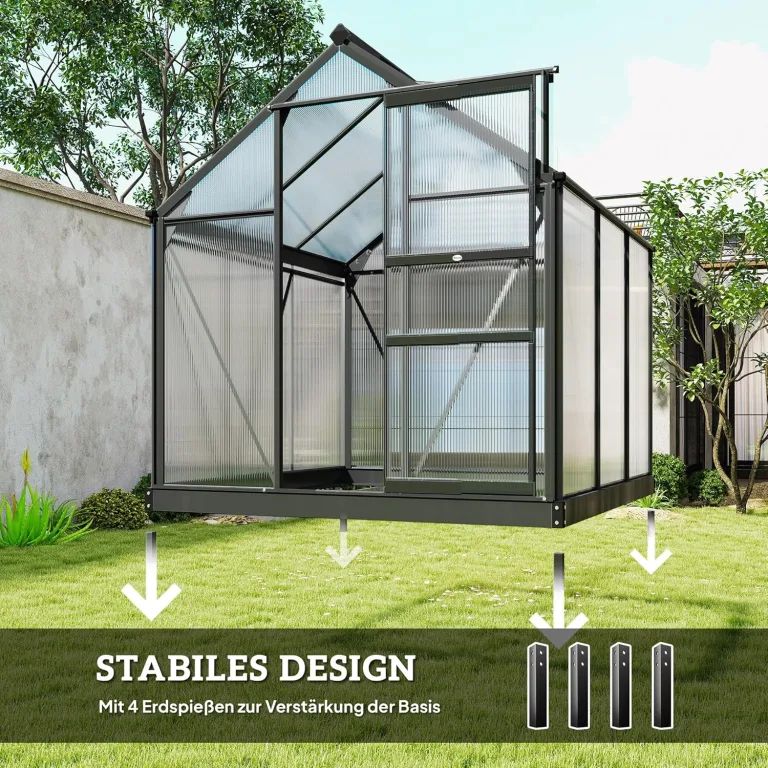Outsunny Gewächshaus Aluminium 3,65m² 190x192x201cm mit Fundament Dachfenster Schiebetür 4 mm Platten, UV-beständig Treibhaus Aufzucht Tomatenhaus Pflanzenhaus Frühbeet für Garten Outdoor – Bild 5