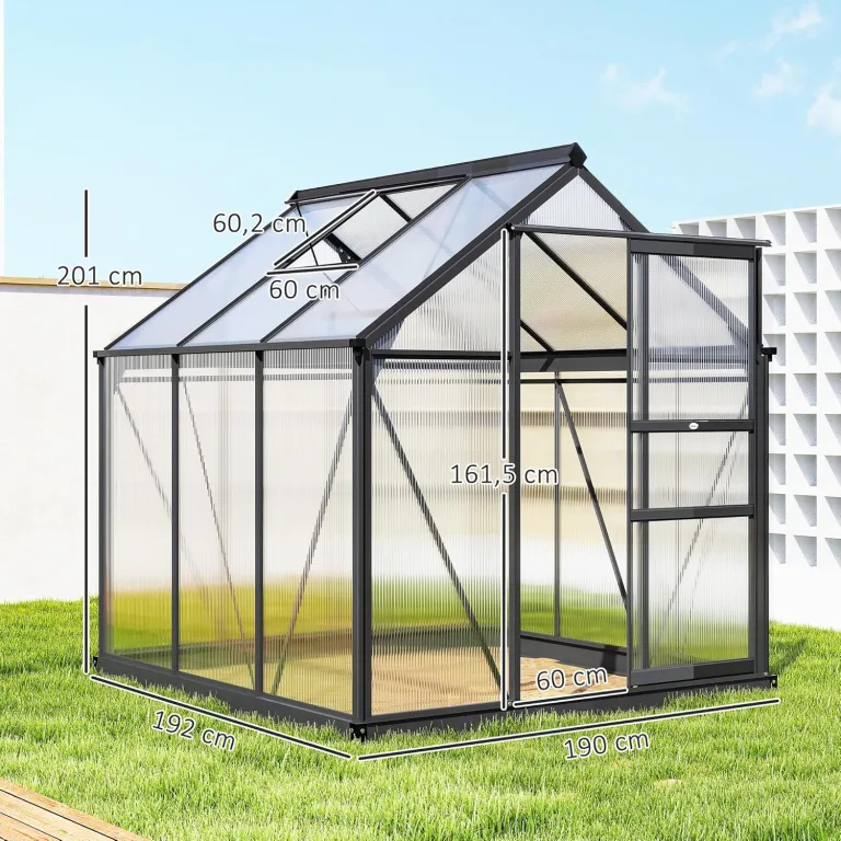 Outsunny Gewächshaus Aluminium 3,65m² 190x192x201cm mit Fundament Dachfenster Schiebetür 4 mm Platten, UV-beständig Treibhaus Aufzucht Tomatenhaus Pflanzenhaus Frühbeet für Garten Outdoor – Bild 7
