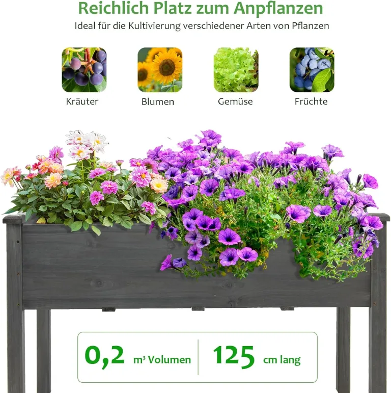 GOPLUS Hochbeet groß, Gartenbeet aus Tannenholz für Gemüse, Kräuter & Pflanzen, XXL Pflanzkasten mit Drainagelöcher, rechteckiges Kräuterbeet für Garten, Balkon, Terrasse, 125 x 59 x 76 cm (Grau) – Bild 5