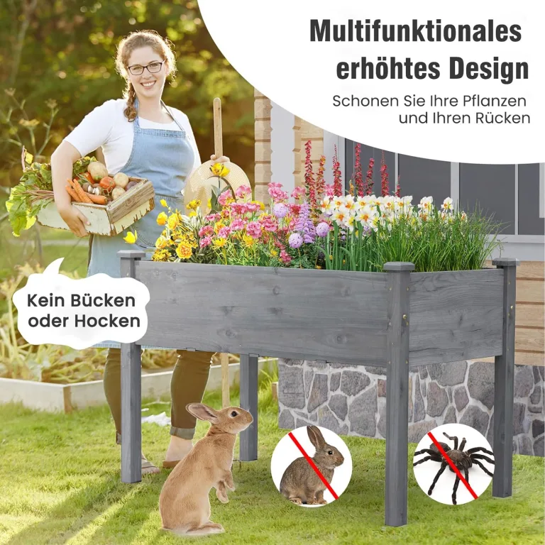 GOPLUS Hochbeet groß, Gartenbeet aus Tannenholz für Gemüse, Kräuter & Pflanzen, XXL Pflanzkasten mit Drainagelöcher, rechteckiges Kräuterbeet für Garten, Balkon, Terrasse, 125 x 59 x 76 cm (Grau) – Bild 2