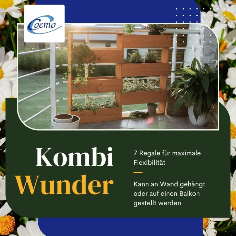 Coemo RIGA Vertikales Kräuterbeet aus Nadelholz Braun 110x18x93 cm Platzsparendes Hochbeet aus Holz mit 7 Pflanzfächern, ergonomische Arbeitshöhe rückenschonend, Kräuterbeet Gemüsebeet Blumenbeet – Bild 3