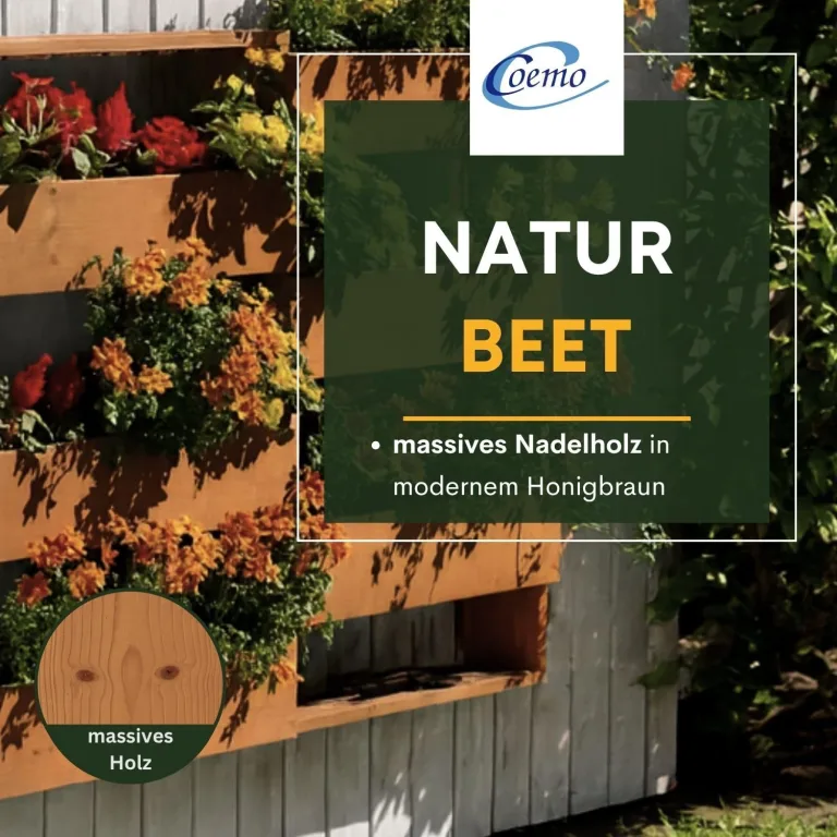 Coemo RIGA Vertikales Kräuterbeet aus Nadelholz Braun 110x18x93 cm Platzsparendes Hochbeet aus Holz mit 7 Pflanzfächern, ergonomische Arbeitshöhe rückenschonend, Kräuterbeet Gemüsebeet Blumenbeet – Bild 4