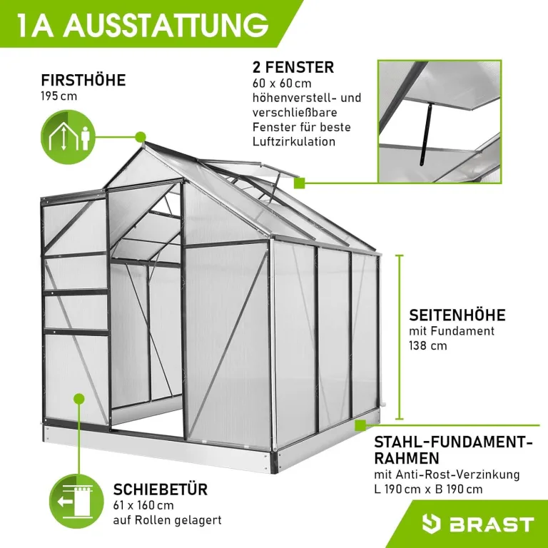 BRAST Gewächshaus Aluminium mit Fundament | 42 Modelle | 130x190x195cm - 490x250x235cm | TÜV geprüft | 6mm Hohlkammerplatten | rostfrei wetterfest temperaturbeständig | 190x190x195cm Silber – Bild 7