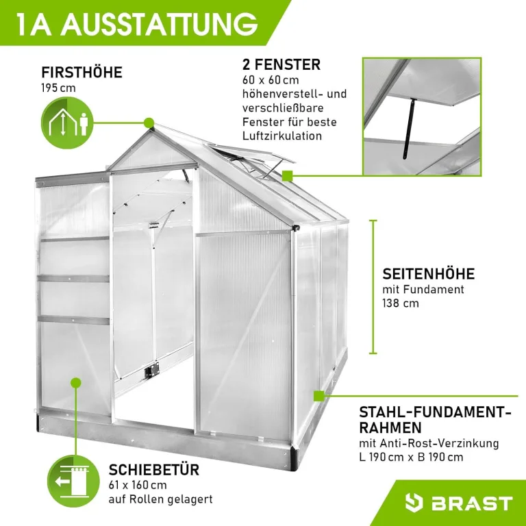 BRAST Gewächshaus Aluminium mit Fundament | 42 Modelle | 130x190x195cm - 490x250x235cm | TÜV geprüft | 6mm Hohlkammerplatten | rostfrei wetterfest temperaturbeständig | 190x190x195cm Silber – Bild 8