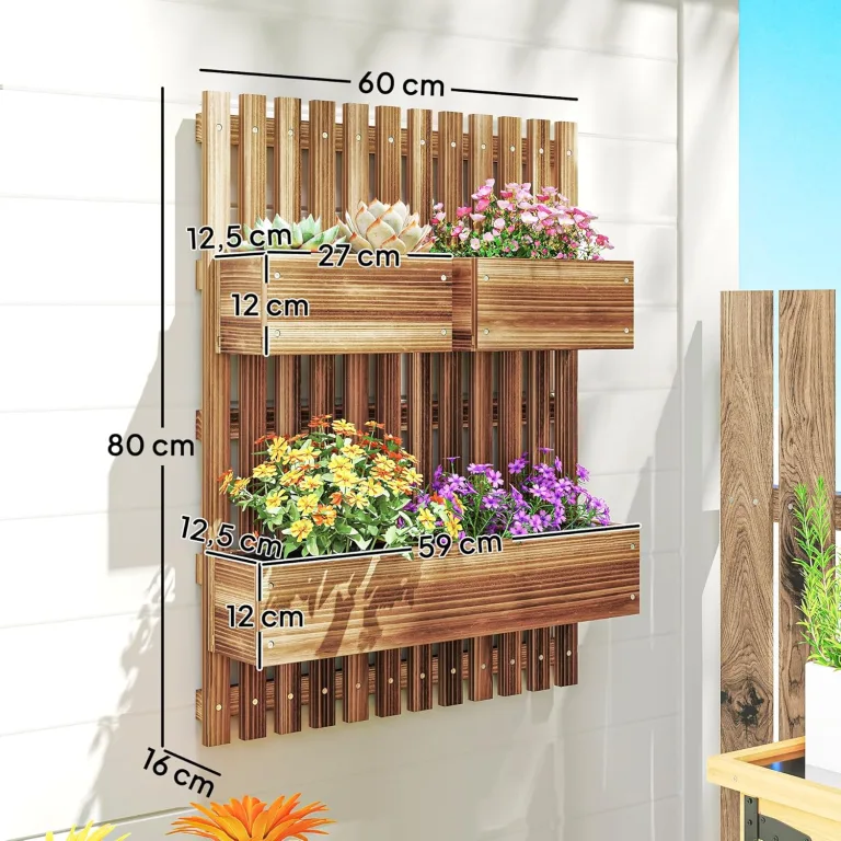Outsunny Hochbeet Massivholz, Pflanzbeet Frühbeet Gartenbeet mit verstellbarem Blumenkasten, Wand, Pflanzkasten Pflanzkübel 60x16x80cm für Terrasse, Balkon, Gartenspalier für Blumen, Pflanzen Verkohlt – Bild 8