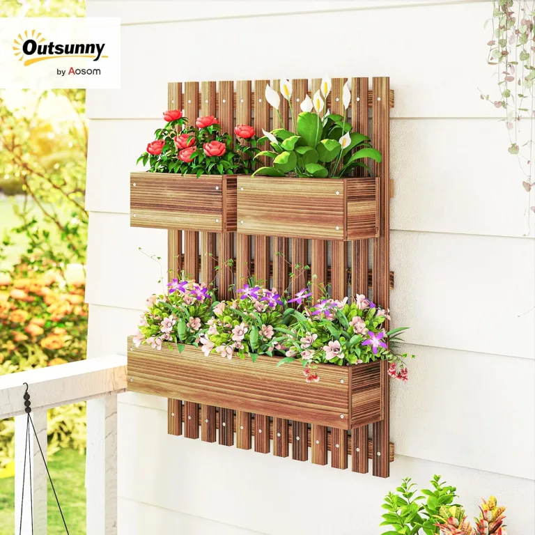 Outsunny Hochbeet Massivholz, Pflanzbeet Frühbeet Gartenbeet mit verstellbarem Blumenkasten, Wand, Pflanzkasten Pflanzkübel 60x16x80cm für Terrasse, Balkon, Gartenspalier für Blumen, Pflanzen Verkohlt – Bild 3
