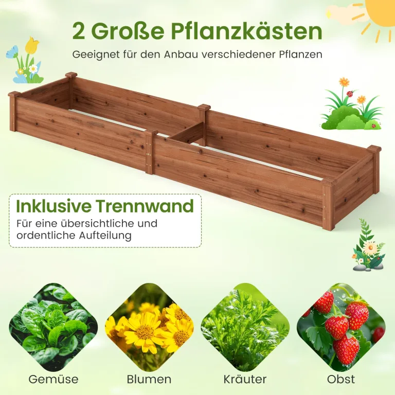 GOPLUS Hochbeet aus Tannenholz, Gartenbeet mit 2 Pflanzkästen & Trennwänden, Blumenkasten mit offenem Boden, Pflanzbeet Garten, Kräuterbeet Pflanzkasten Pflanzkübel für Blumen, Gemüse & Obst (Braun) – Bild 3