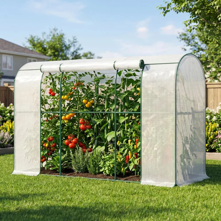 SUNYRISY Tomaten Gewächshaus Klein Foliengewächshaus 300x100x170 cm, Tomatenhaus Tomatenzelt mit Tomatendach, Greenhouse mit Rollentür und Windschutzseil für Balkon Outdoor, Bogen Weiß – Bild 3