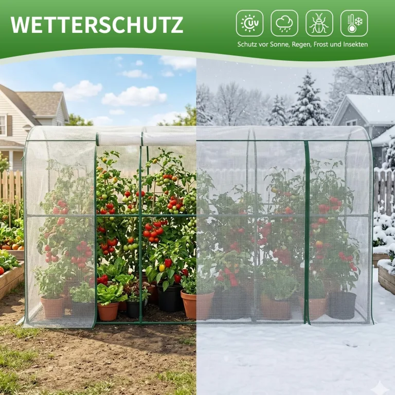 SUNYRISY Tomaten Gewächshaus Klein Foliengewächshaus 300x100x170 cm, Tomatenhaus Tomatenzelt mit Tomatendach, Greenhouse mit Rollentür und Windschutzseil für Balkon Outdoor, Bogen Weiß – Bild 7