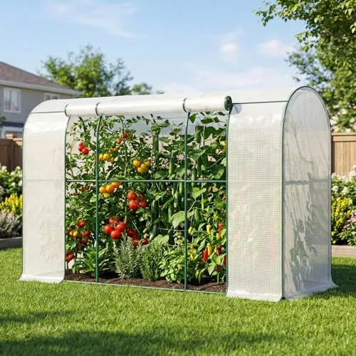 SUNYRISY Tomaten Gewächshaus Klein Foliengewächshaus 300x100x170 cm, Tomatenhaus Tomatenzelt mit Tomatendach, Greenhouse mit Rollentür und Windschutzseil für Balkon Outdoor, Bogen Weiß – Bild 10