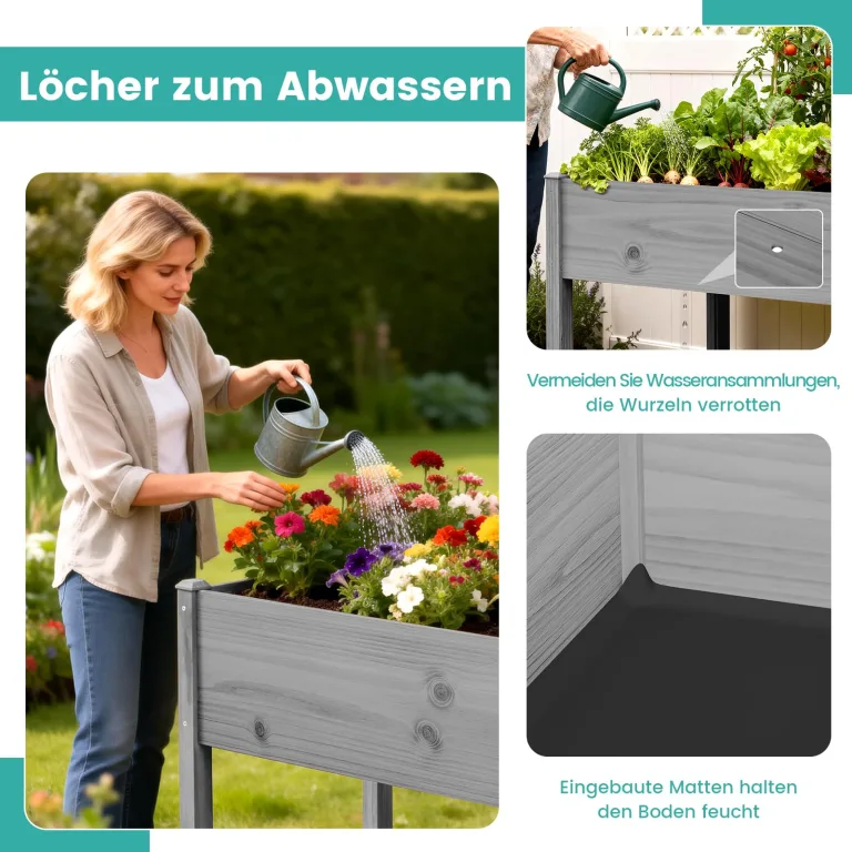 SUNYRISY Hochbeet Holz für Balkon und Garten, 116x60x80cm Pflanzkasten Blumenkasten Kräuterbeet Tannenholz Pflanzbeet Blumenbeet Hochbeet-Kit für Garten Balkon Terrasse, Grau – Bild 5