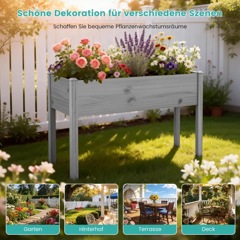SUNYRISY Hochbeet Holz für Balkon und Garten, 116x60x80cm Pflanzkasten Blumenkasten Kräuterbeet Tannenholz Pflanzbeet Blumenbeet Hochbeet-Kit für Garten Balkon Terrasse, Grau – Bild 6