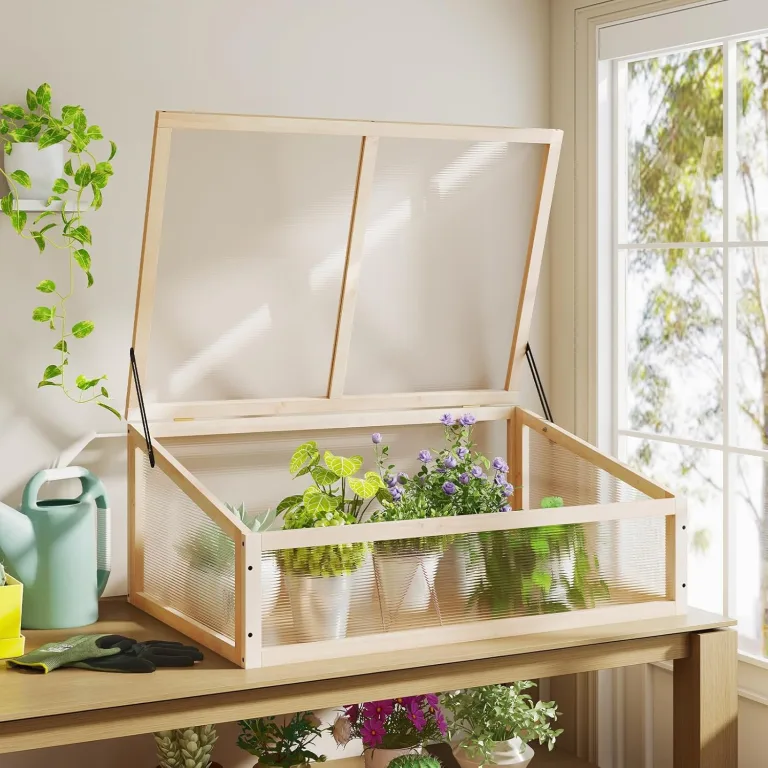COSTWAY Frühbeet Gewächshaus, mini Treibhaus, Frühbeetaufsatz, Hochbeet Abdeckung, Frühbeetkasten Aufsatz für Garten, Terrasse & Balkon, 94 x 63 x 40 cm (Natur) – Bild 8