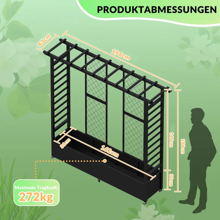 Hochbeet mit Rankgitter und Hängedach, wetterfester Metall-Pflanzkasten mit 4 Rollen und 2 seitlichen Rankgittern für Kletterpflanzen, mobiler Sichtschutz für Terrasse, Balkon und Garten – Bild 5