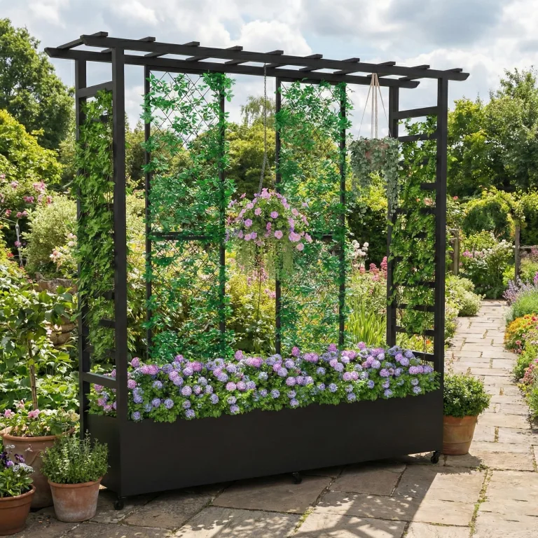Hochbeet mit Rankgitter und Hängedach, wetterfester Metall-Pflanzkasten mit 4 Rollen und 2 seitlichen Rankgittern für Kletterpflanzen, mobiler Sichtschutz für Terrasse, Balkon und Garten – Bild 1