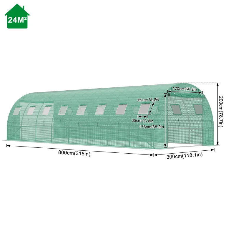 UISEBRT Gewächshaus Foliengewächshaus mit 2 Tür,16 Aufrollbare Fenster mit Moskitonetz,Folientunnel Tomatenhaus aus verzinktem Stahl, PE, Folienzelt inkl. Erdanker & Seilen,800x300x200cm – Bild 2