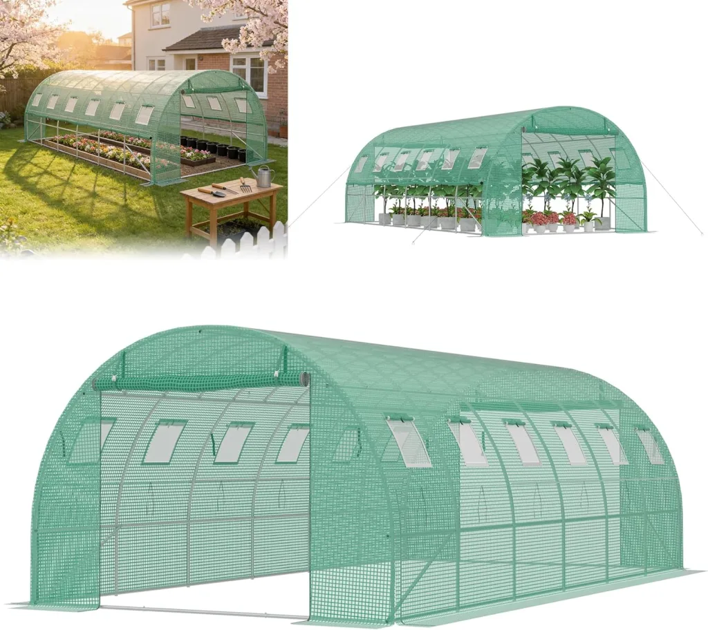 Gewächshaus 6x3x2m, Foliengewächshaus mit verzinktem Stahlrahmen, 140g/m² PE-Gitterfolie, 12 Fenster und 2 Reißverschlusstüren, Winterfest Folientunnel für Tomatenhaus Tomatengewächshaus