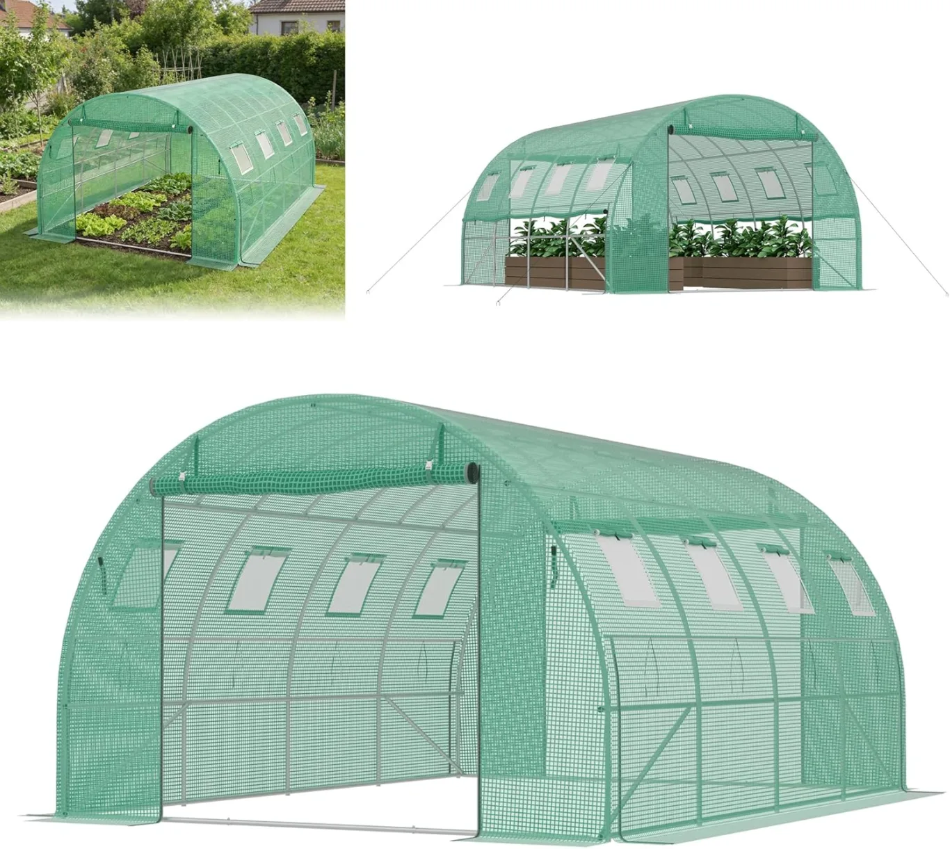 Gewächshaus 4x3x2m, Foliengewächshaus mit verzinktem Stahlrahmen, 140g/m² PE-Gitterfolie, 8 Fenster und 2 Reißverschlusstüren, Winterfest Folientunnel für Tomatenhaus Tomatengewächshaus - Bild 1