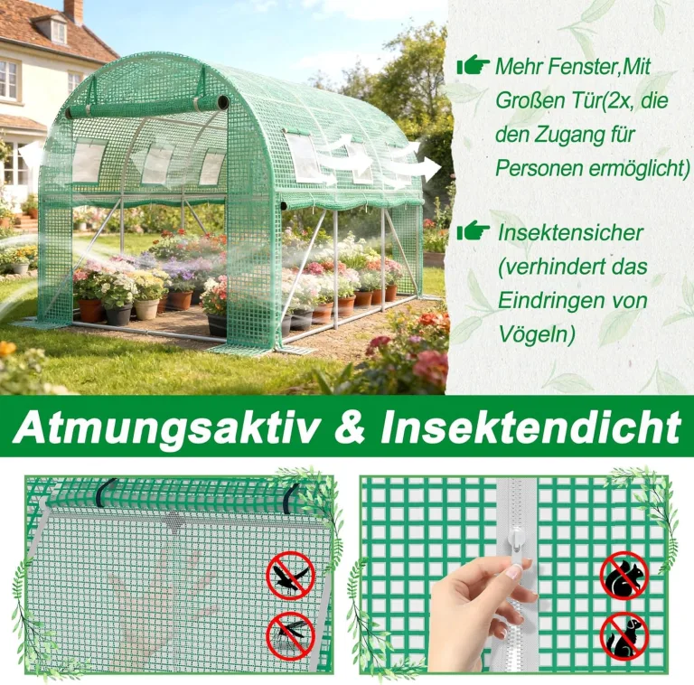 Gewächshaus 4x3x2m, Foliengewächshaus mit verzinktem Stahlrahmen, 140g/m² PE-Gitterfolie, 8 Fenster und 2 Reißverschlusstüren, Winterfest Folientunnel für Tomatenhaus Tomatengewächshaus – Bild 5