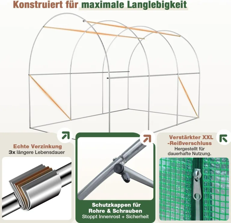 Sekey Gewächshaus Winterfest Foliengewächshaus verzinkt 3x2x2m - 6m² Folientunnel Stabil mit 2m Stehhöhe, Treibhaus, Tomatenhaus inkl. 2 Türen & 4 Fenster & Profi-Fixierungs-Set, 140g/m² PE-Folie – Bild 5