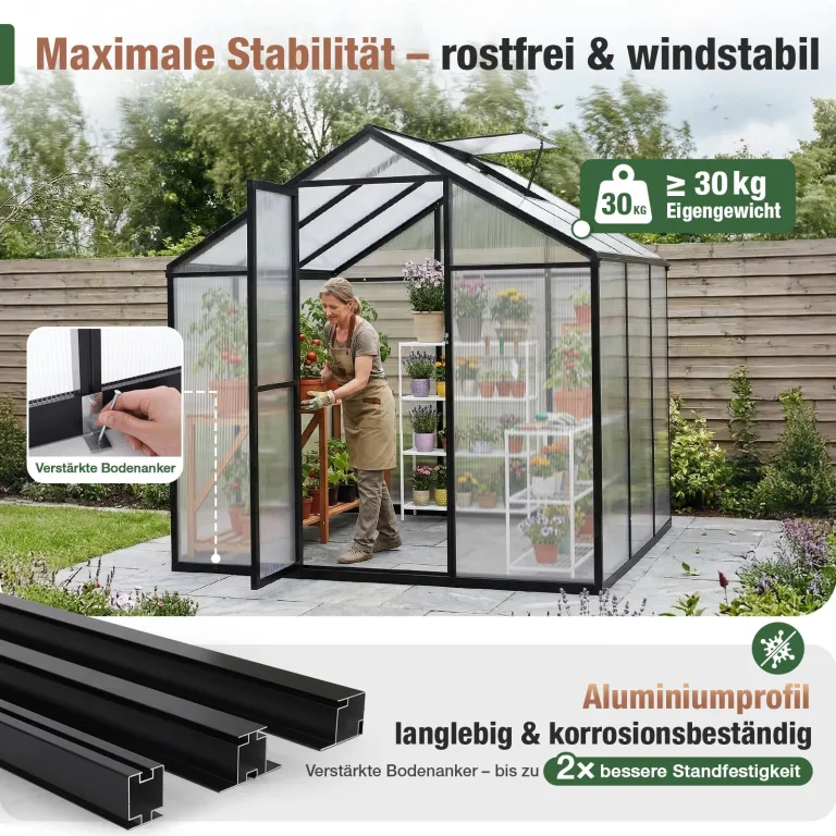 Sekey Gewächshaus Aluminium Treibhaus für Garten & Pflanzen - Stabiles Tomatenhaus wetterfest & Winterfest, 4 mm Hohlkammerplatten, nach außen öffnende Tür mit verlängertem Griff, 185x185x195cm – Bild 2