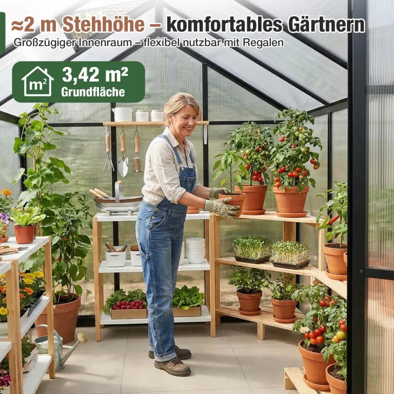 Sekey Gewächshaus Aluminium Treibhaus für Garten & Pflanzen - Stabiles Tomatenhaus wetterfest & Winterfest, 4 mm Hohlkammerplatten, nach außen öffnende Tür mit verlängertem Griff, 185x185x195cm – Bild 5