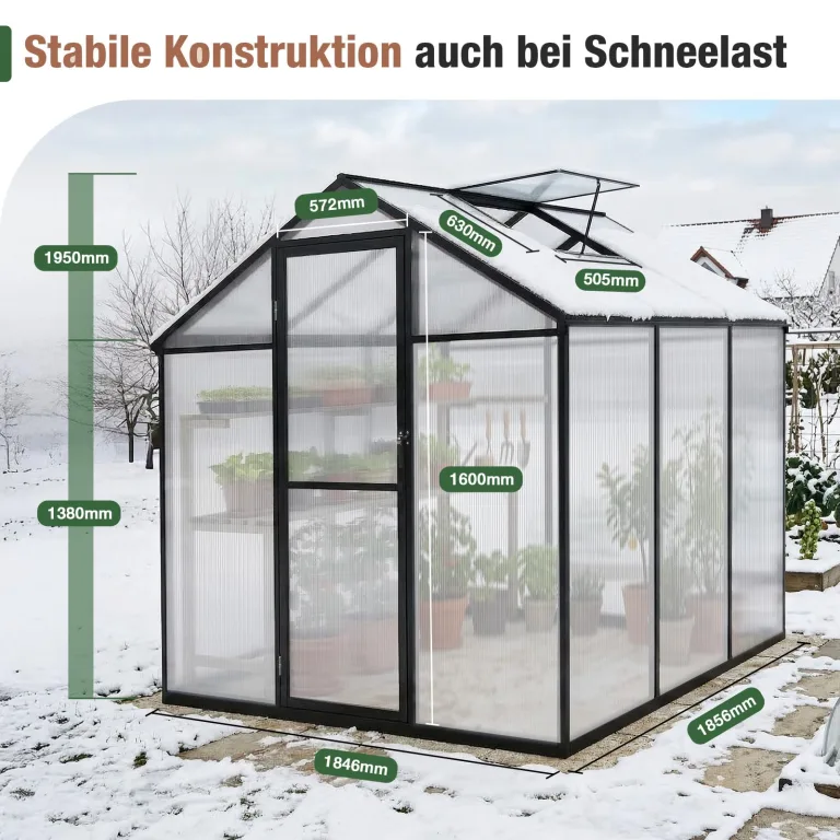 Sekey Gewächshaus Aluminium Treibhaus für Garten & Pflanzen - Stabiles Tomatenhaus wetterfest & Winterfest, 4 mm Hohlkammerplatten, nach außen öffnende Tür mit verlängertem Griff, 185x185x195cm – Bild 7