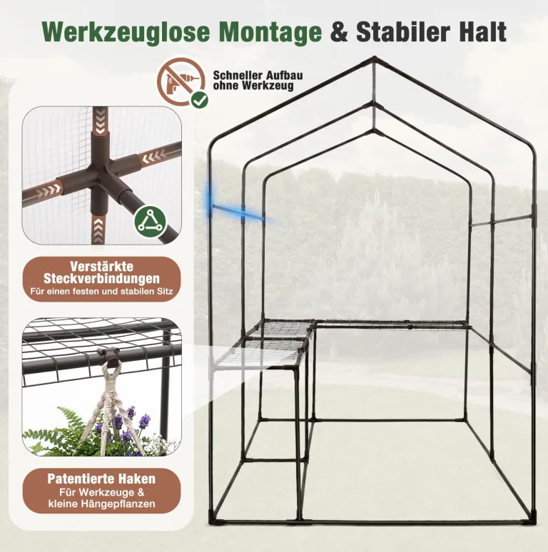 Sekey Gewächshaus mit DIY-Zusatzregal, 190x186x120cm Begehbares Tomatenhaus Winterfest & Stabil, Foliengewächshaus für Tomaten, Pflanzen & Kräuter, UV-beständige Gitterfolie, Werkzeuglose Montage – Bild 2
