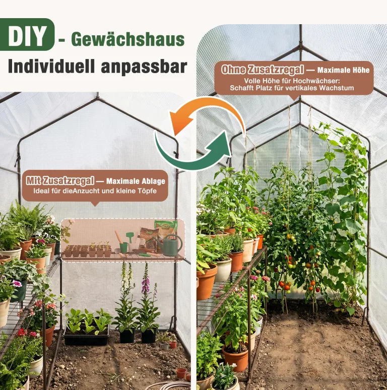 Sekey Gewächshaus mit DIY-Zusatzregal, 190x186x120cm Begehbares Tomatenhaus Winterfest & Stabil, Foliengewächshaus für Tomaten, Pflanzen & Kräuter, UV-beständige Gitterfolie, Werkzeuglose Montage – Bild 3